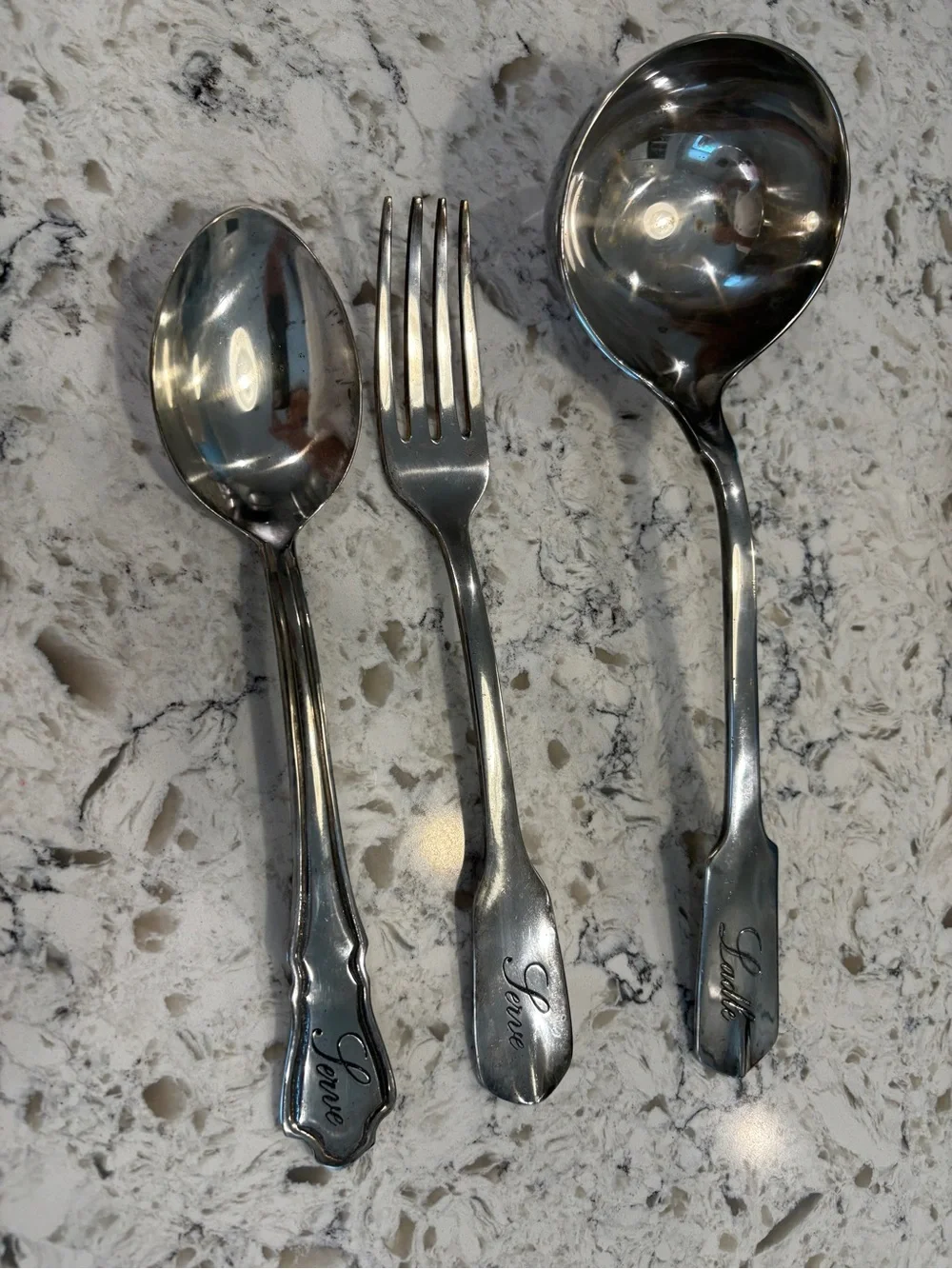 Pottery Barn Silver Engraved Serving Spoon, Fork & Ladle